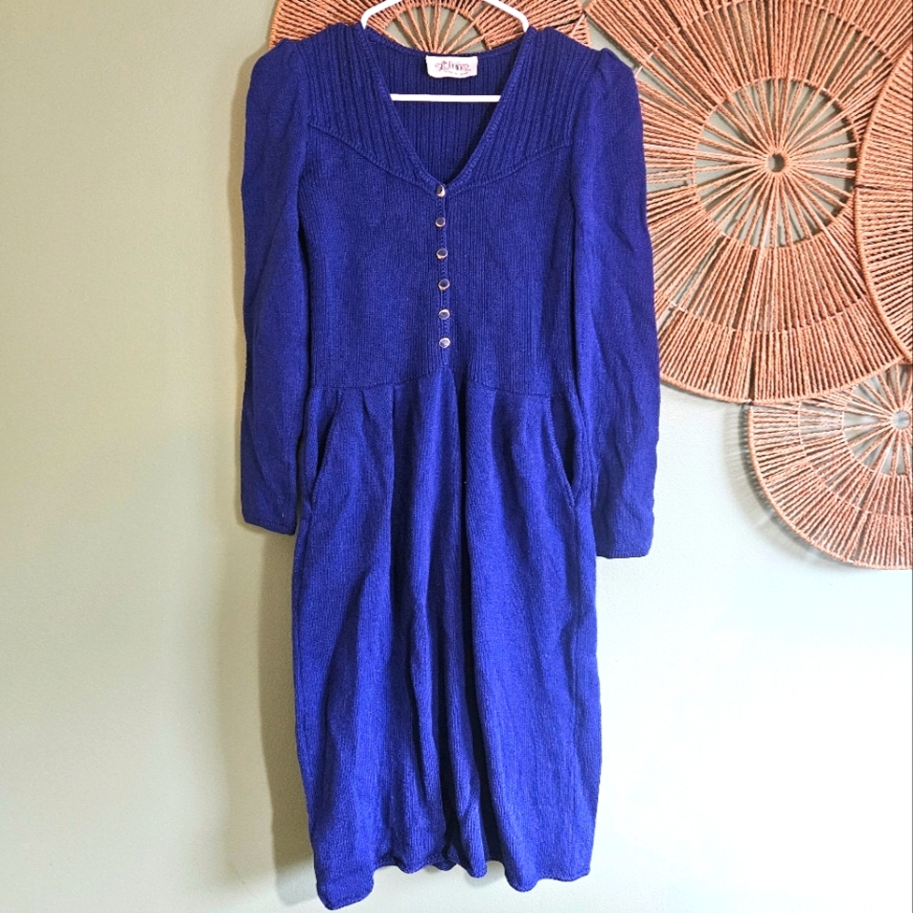St John By Marie Gray Vintage Royal Blue Puff Sleeve Dress